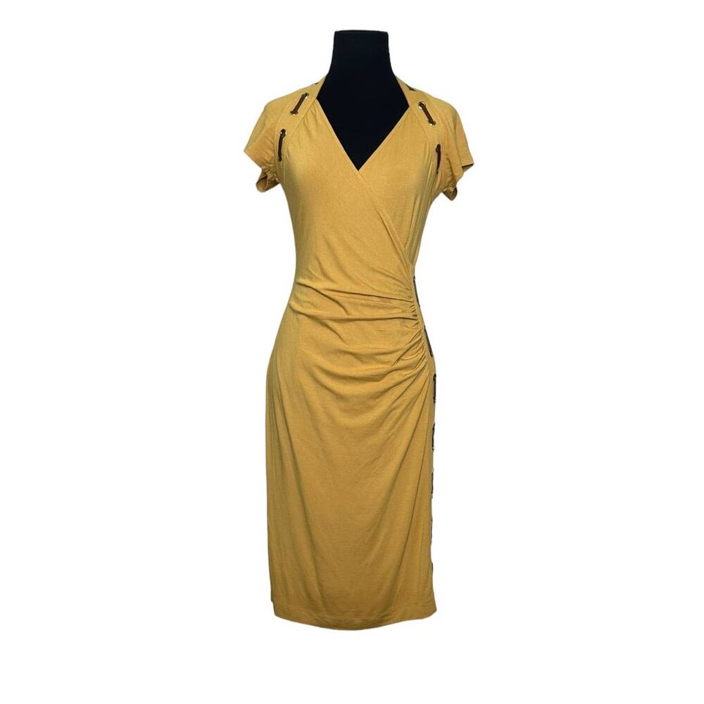 Carmen Marc Valvo mustard yellow side rushed sheath dress size small